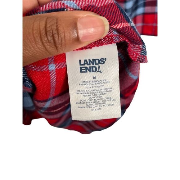 Lands’ End Girls Flannel Nightgown 16 Navy Red Plaid Flame Resistant - Picture 4 of 4